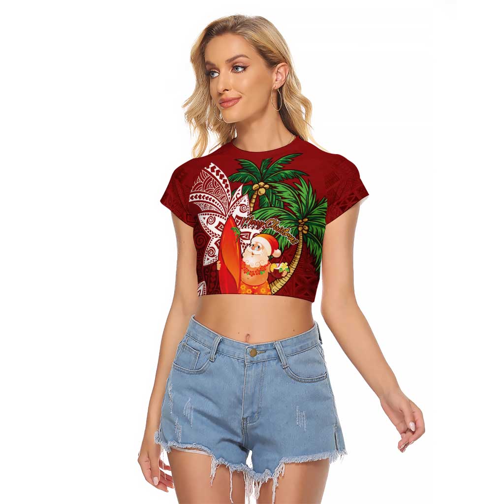 Polynesian Raglan Cropped T Shirt Tropical Santa - Plumeria Red Vintage LT7 Female Red - Polynesian Pride