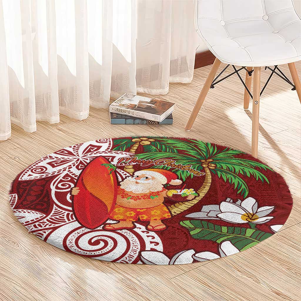 Polynesian Round Carpet Tropical Santa - Plumeria Red Vintage