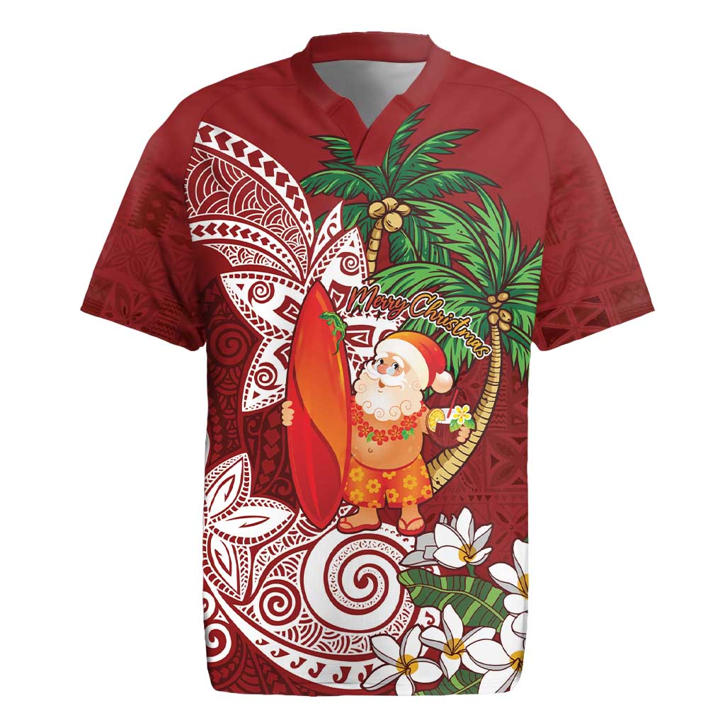 Polynesian Rugby Jersey Tropical Santa - Plumeria Red Vintage