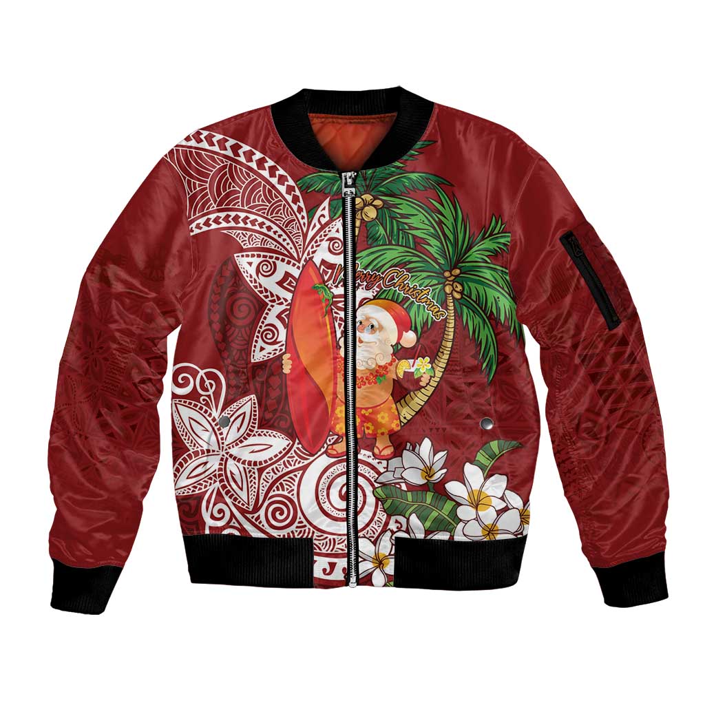 Polynesian Sleeve Zip Bomber Jacket Tropical Santa - Plumeria Red Vintage