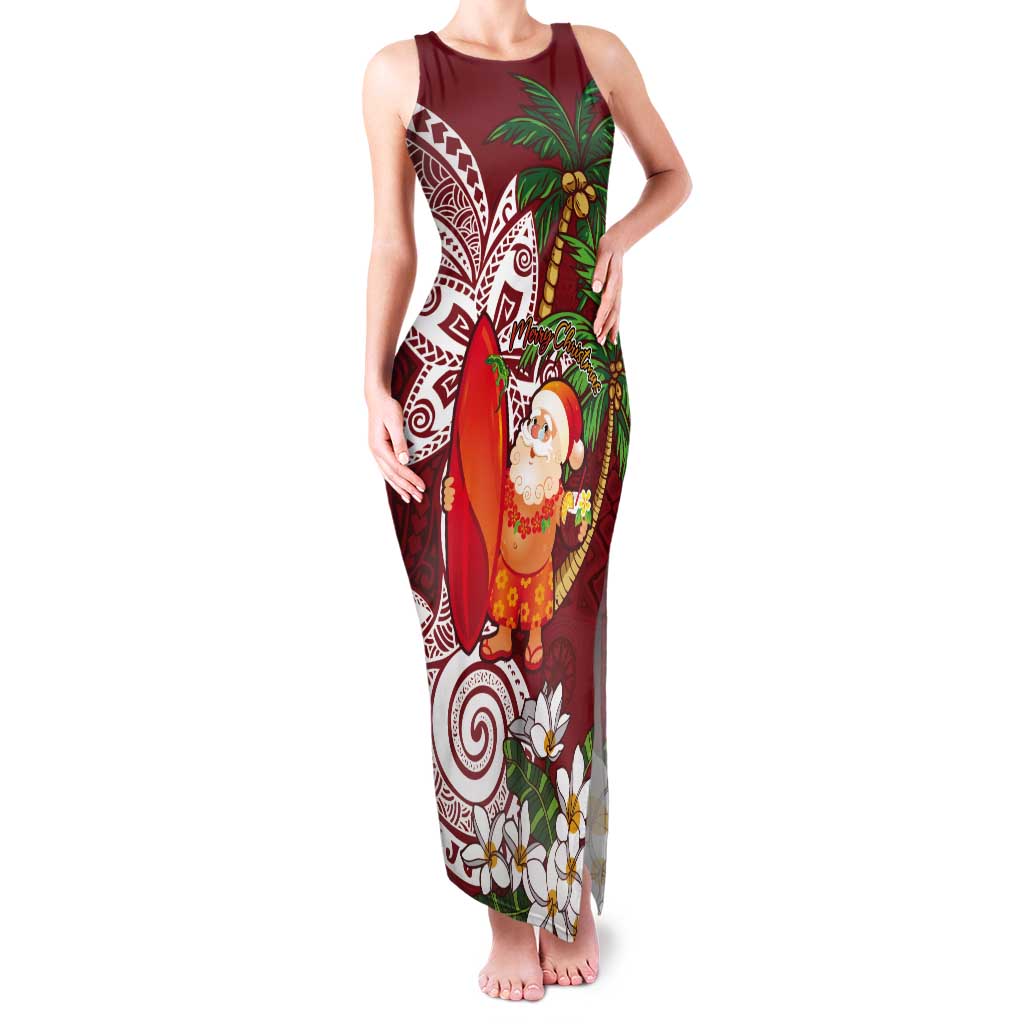Polynesian Tank Maxi Dress Tropical Santa - Plumeria Red Vintage LT7 Women Red - Polynesian Pride