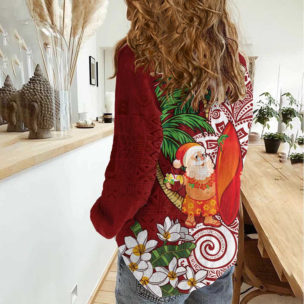 Polynesian Women Casual Shirt Tropical Santa - Plumeria Red Vintage