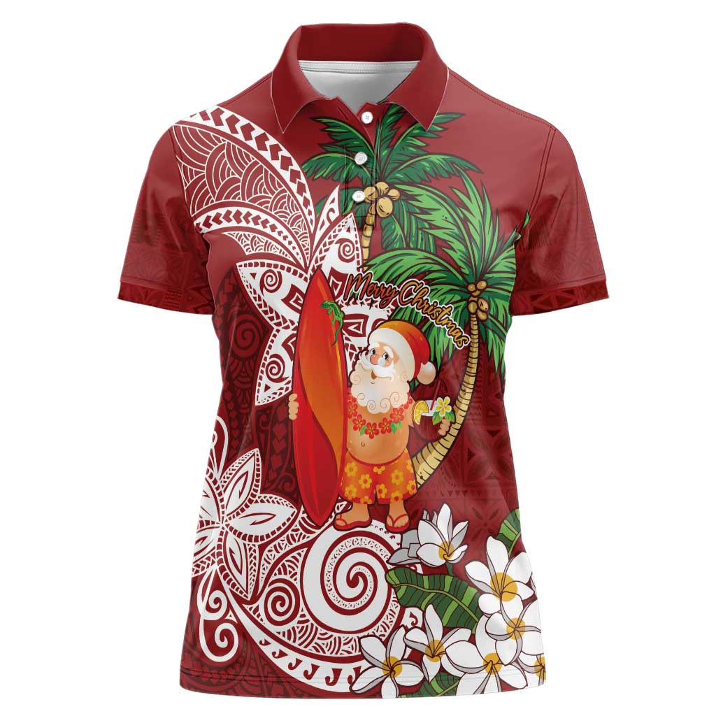 Polynesian Women Polo Shirt Tropical Santa - Plumeria Red Vintage