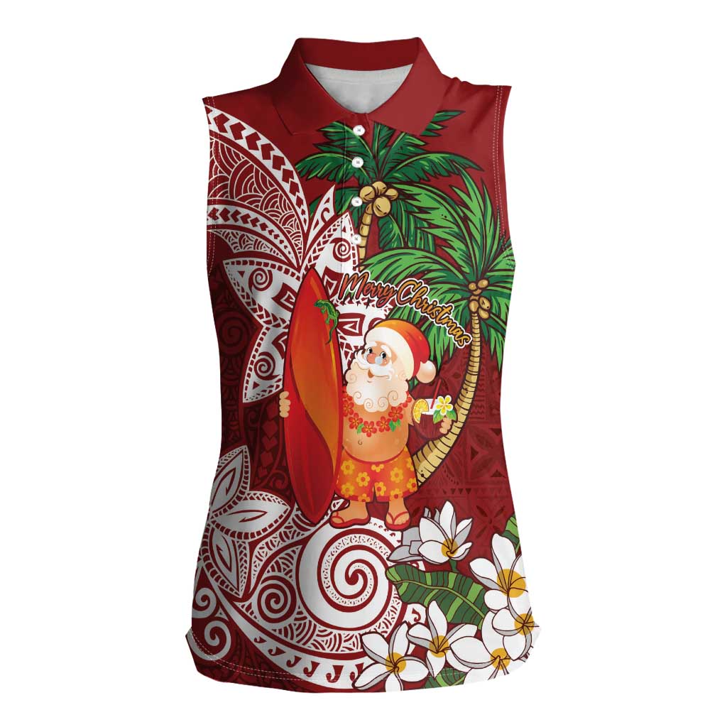 Polynesian Women Sleeveless Polo Shirt Tropical Santa - Plumeria Red Vintage