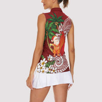 Polynesian Women Sleeveless Polo Shirt Tropical Santa - Plumeria Red Vintage