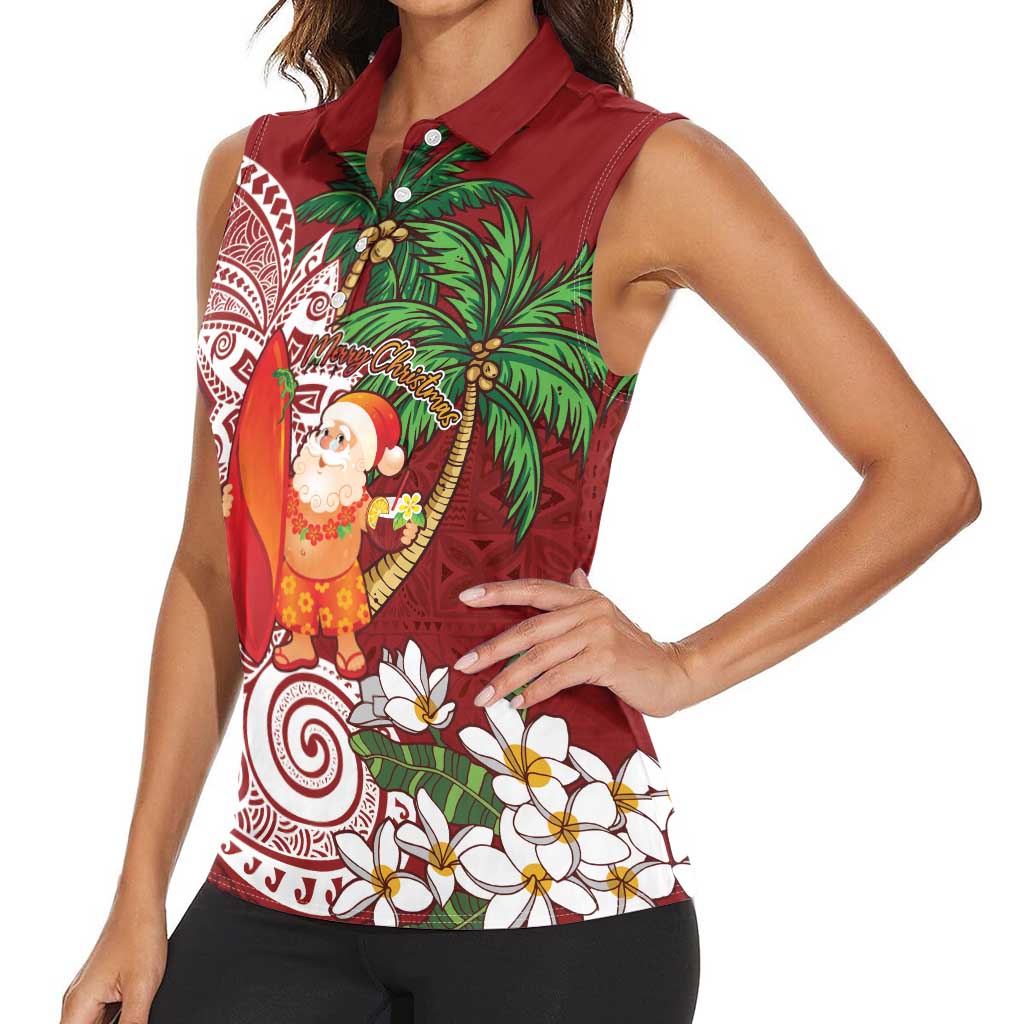 Polynesian Women Sleeveless Polo Shirt Tropical Santa - Plumeria Red Vintage