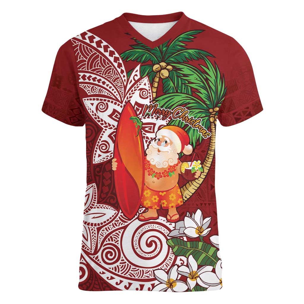 Polynesian Women V-Neck T-Shirt Tropical Santa - Plumeria Red Vintage LT7 Female Red - Polynesian Pride