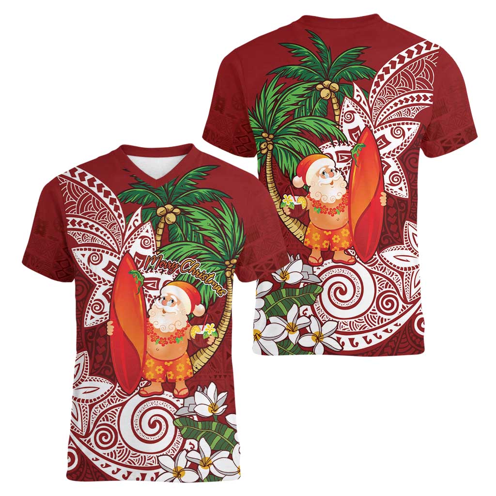 Polynesian Women V-Neck T-Shirt Tropical Santa - Plumeria Red Vintage LT7 - Polynesian Pride