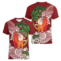 Polynesian Women V-Neck T-Shirt Tropical Santa - Plumeria Red Vintage LT7 - Polynesian Pride