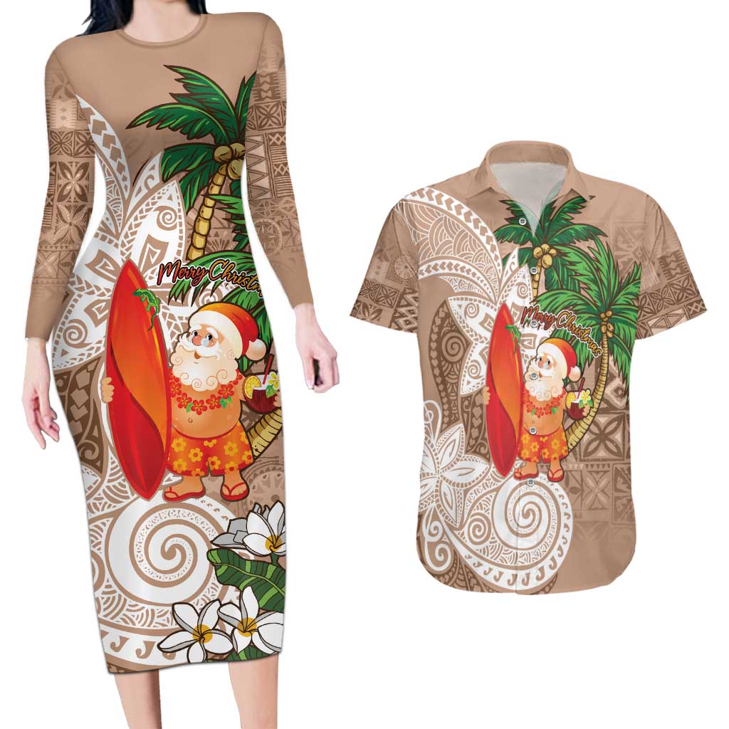 Polynesian Couples Matching Long Sleeve Bodycon Dress and Hawaiian Shirt Tropical Santa - Plumeria Beige Vintage