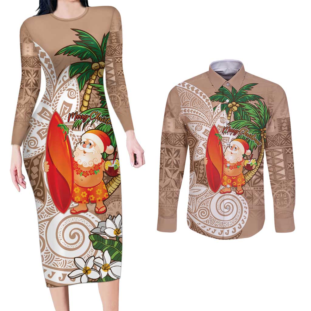 Polynesian Couples Matching Long Sleeve Bodycon Dress and Long Sleeve Button Shirt Tropical Santa - Plumeria Beige Vintage LT7 Beige - Polynesian Pride