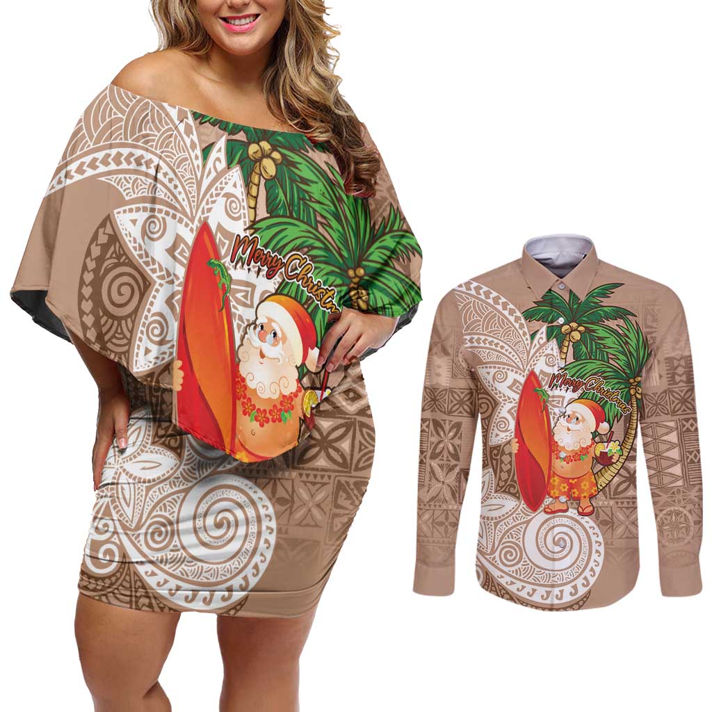 Polynesian Couples Matching Off Shoulder Short Dress and Long Sleeve Button Shirt Tropical Santa - Plumeria Beige Vintage LT7 Beige - Polynesian Pride