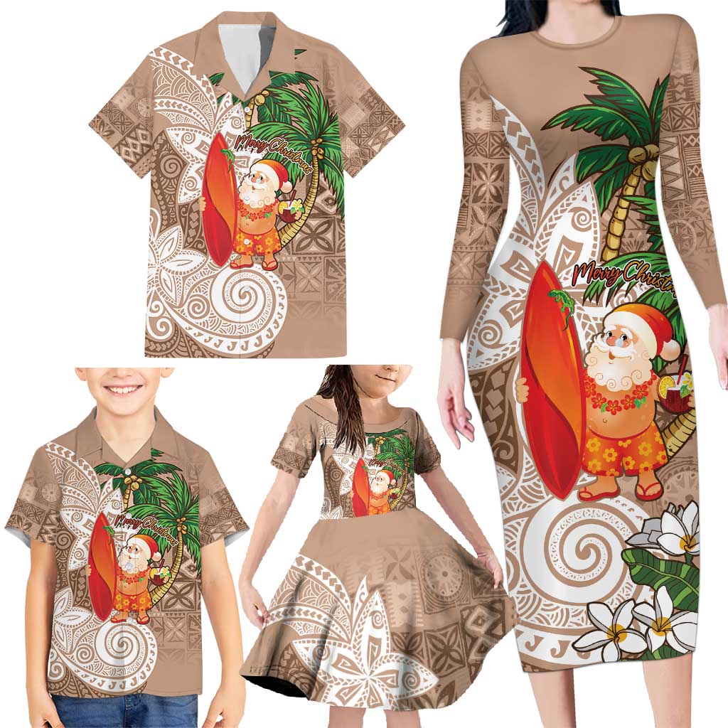 Polynesian Family Matching Long Sleeve Bodycon Dress and Hawaiian Shirt Tropical Santa - Plumeria Beige Vintage