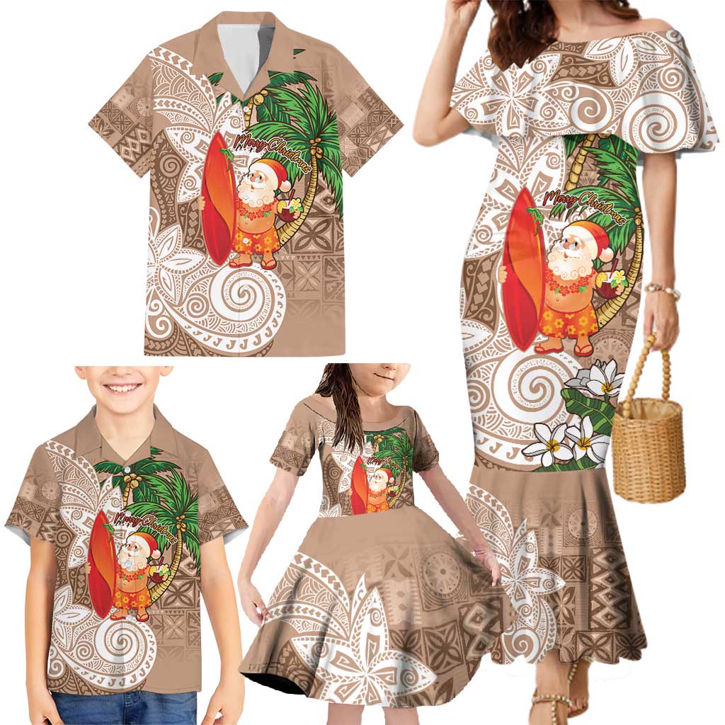 Polynesian Family Matching Mermaid Dress and Hawaiian Shirt Tropical Santa - Plumeria Beige Vintage