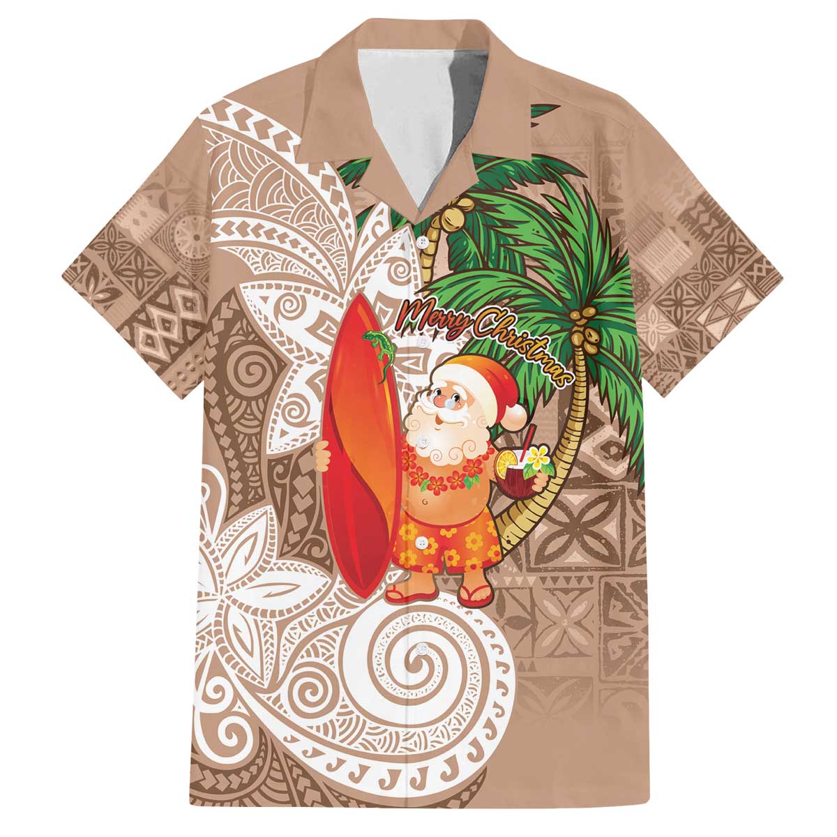 Polynesian Family Matching Off The Shoulder Long Sleeve Dress and Hawaiian Shirt Tropical Santa - Plumeria Beige Vintage