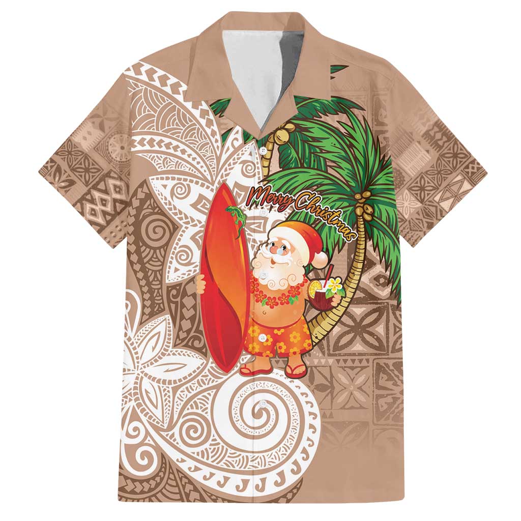 Polynesian Family Matching Off Shoulder Short Dress and Hawaiian Shirt Tropical Santa - Plumeria Beige Vintage
