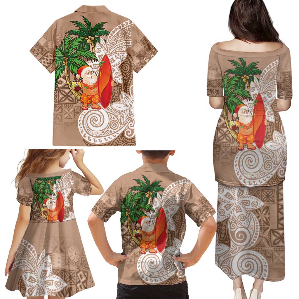 Polynesian Family Matching Puletasi and Hawaiian Shirt Tropical Santa - Plumeria Beige Vintage
