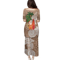 Polynesian Family Matching Puletasi and Hawaiian Shirt Tropical Santa - Plumeria Beige Vintage