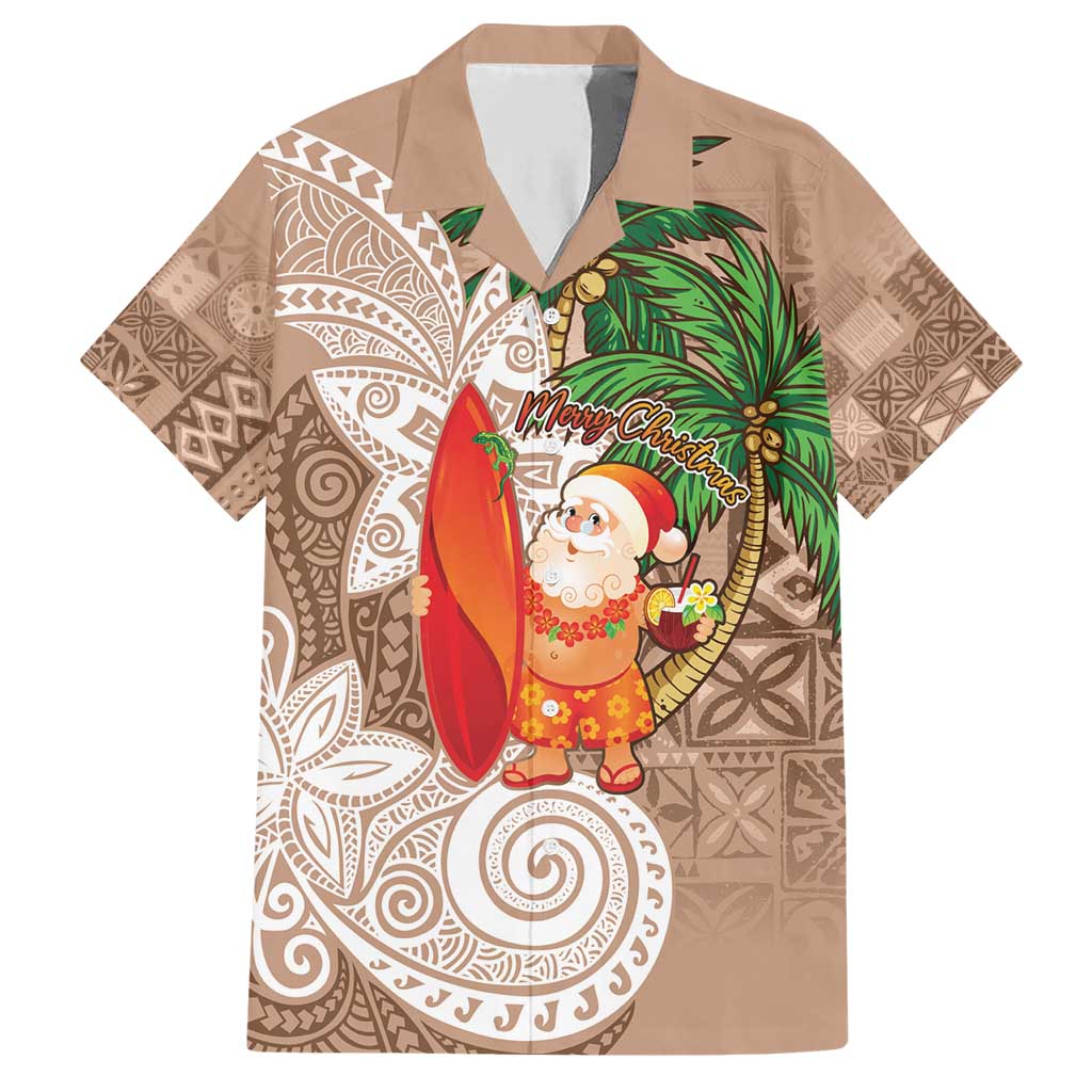 Polynesian Family Matching Short Sleeve Bodycon Dress and Hawaiian Shirt Tropical Santa - Plumeria Beige Vintage