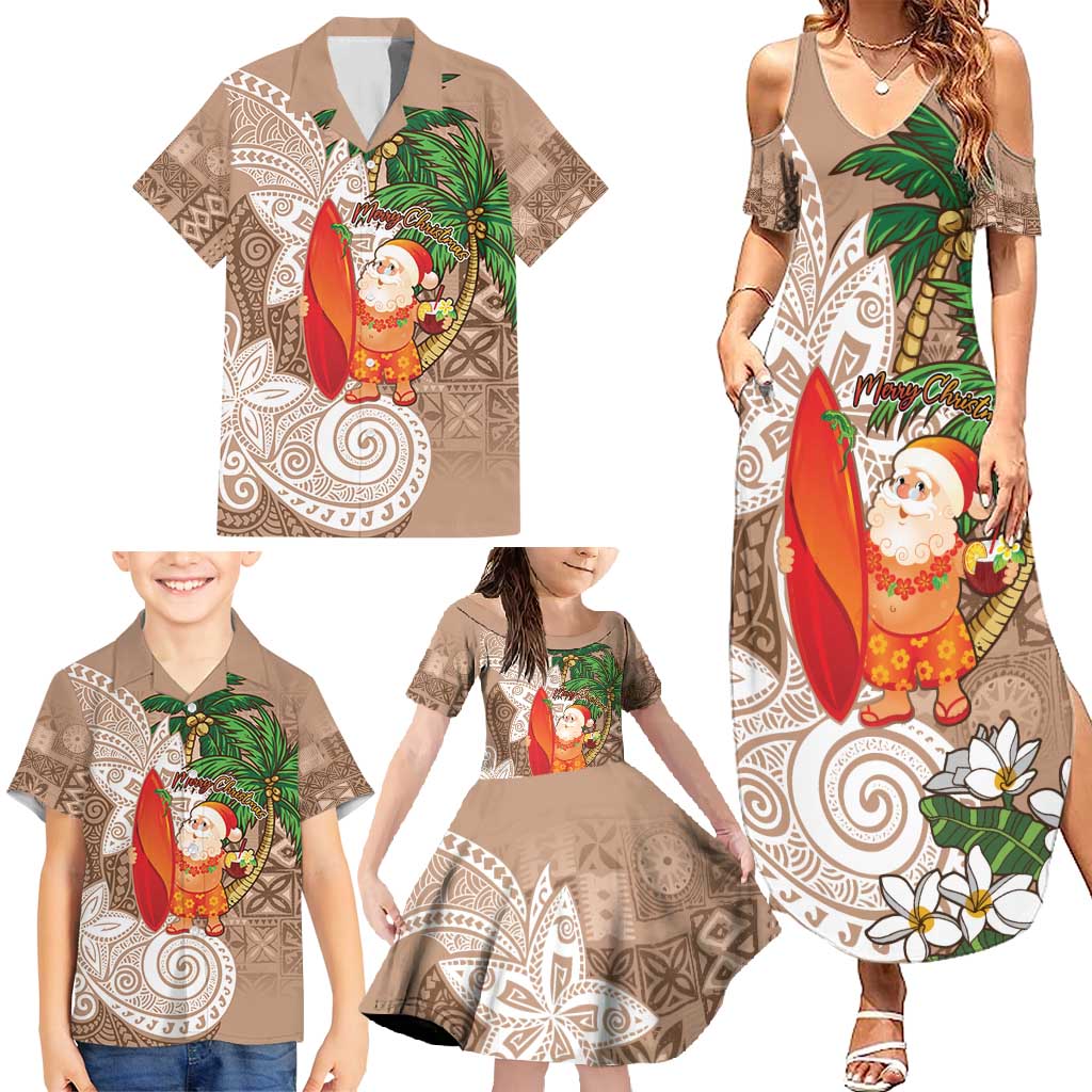 Polynesian Family Matching Summer Maxi Dress and Hawaiian Shirt Tropical Santa - Plumeria Beige Vintage