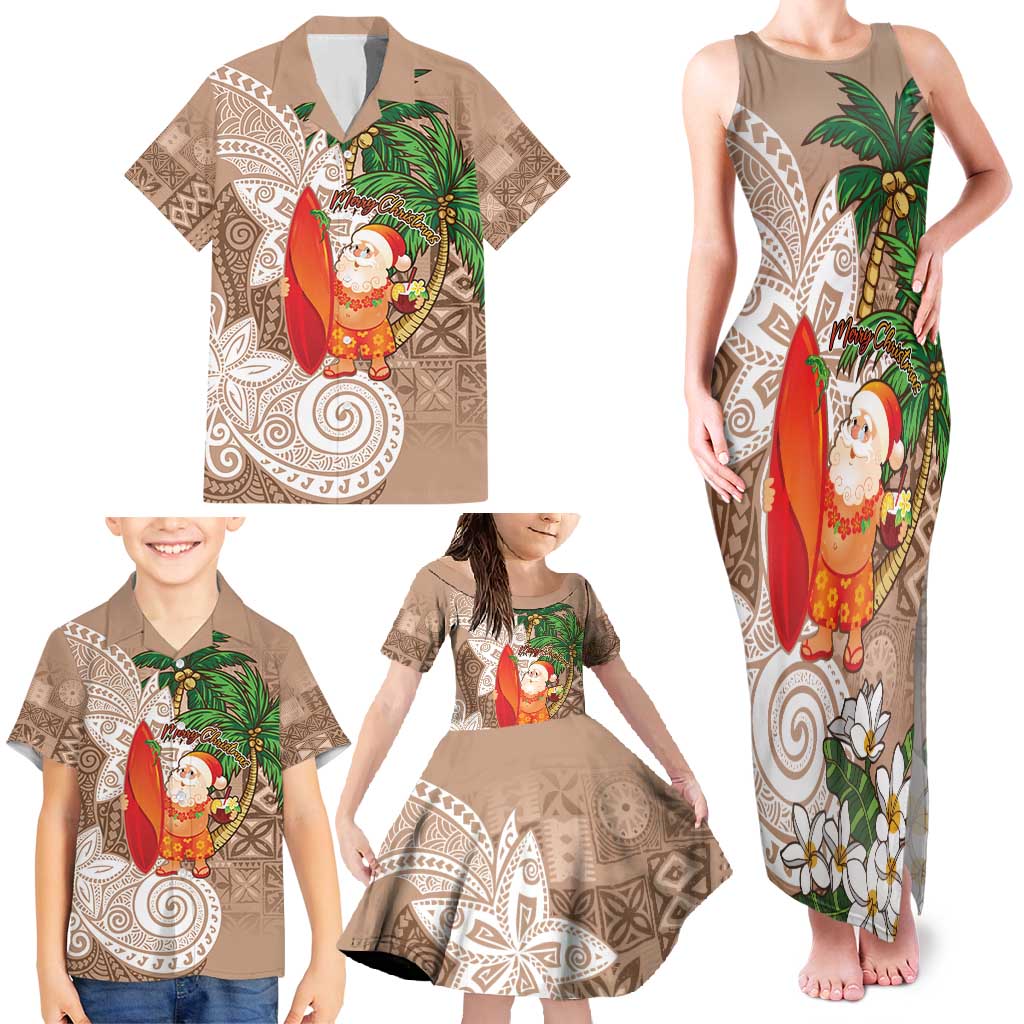 Polynesian Family Matching Tank Maxi Dress and Hawaiian Shirt Tropical Santa - Plumeria Beige Vintage