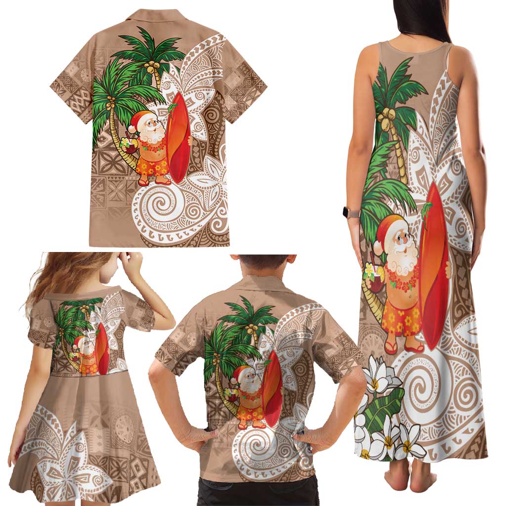 Polynesian Family Matching Tank Maxi Dress and Hawaiian Shirt Tropical Santa - Plumeria Beige Vintage