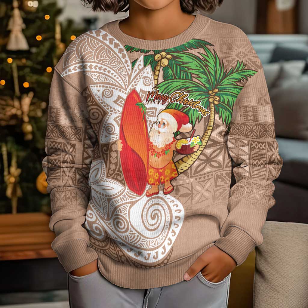 Polynesian Kid Ugly Christmas Sweater Tropical Santa - Plumeria Beige Vintage