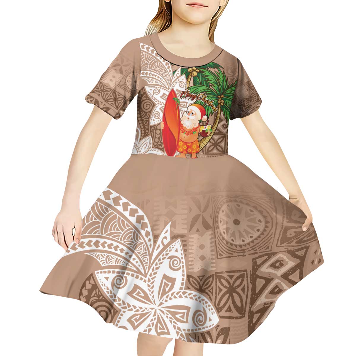 Polynesian Kid Short Sleeve Dress Tropical Santa - Plumeria Beige Vintage