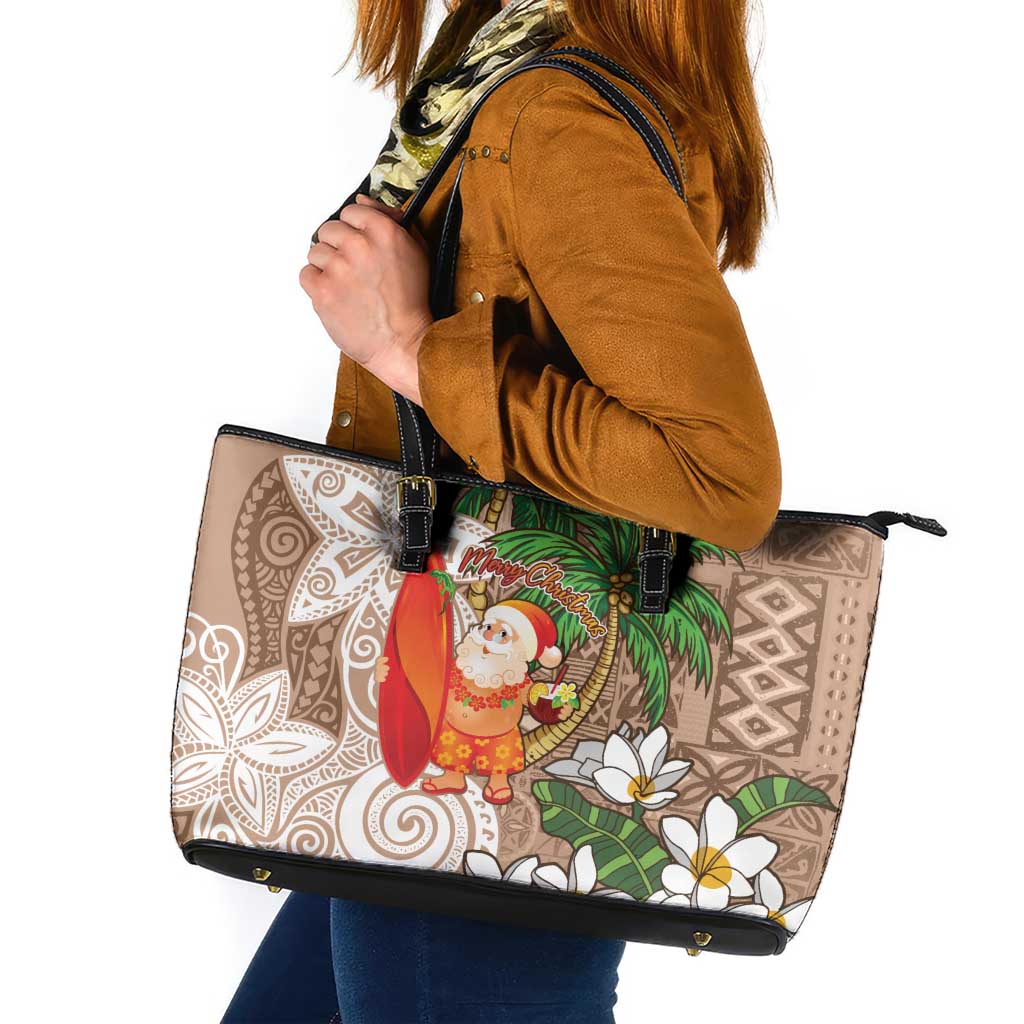 Polynesian Leather Tote Bag Tropical Santa - Plumeria Beige Vintage LT7 Beige - Polynesian Pride