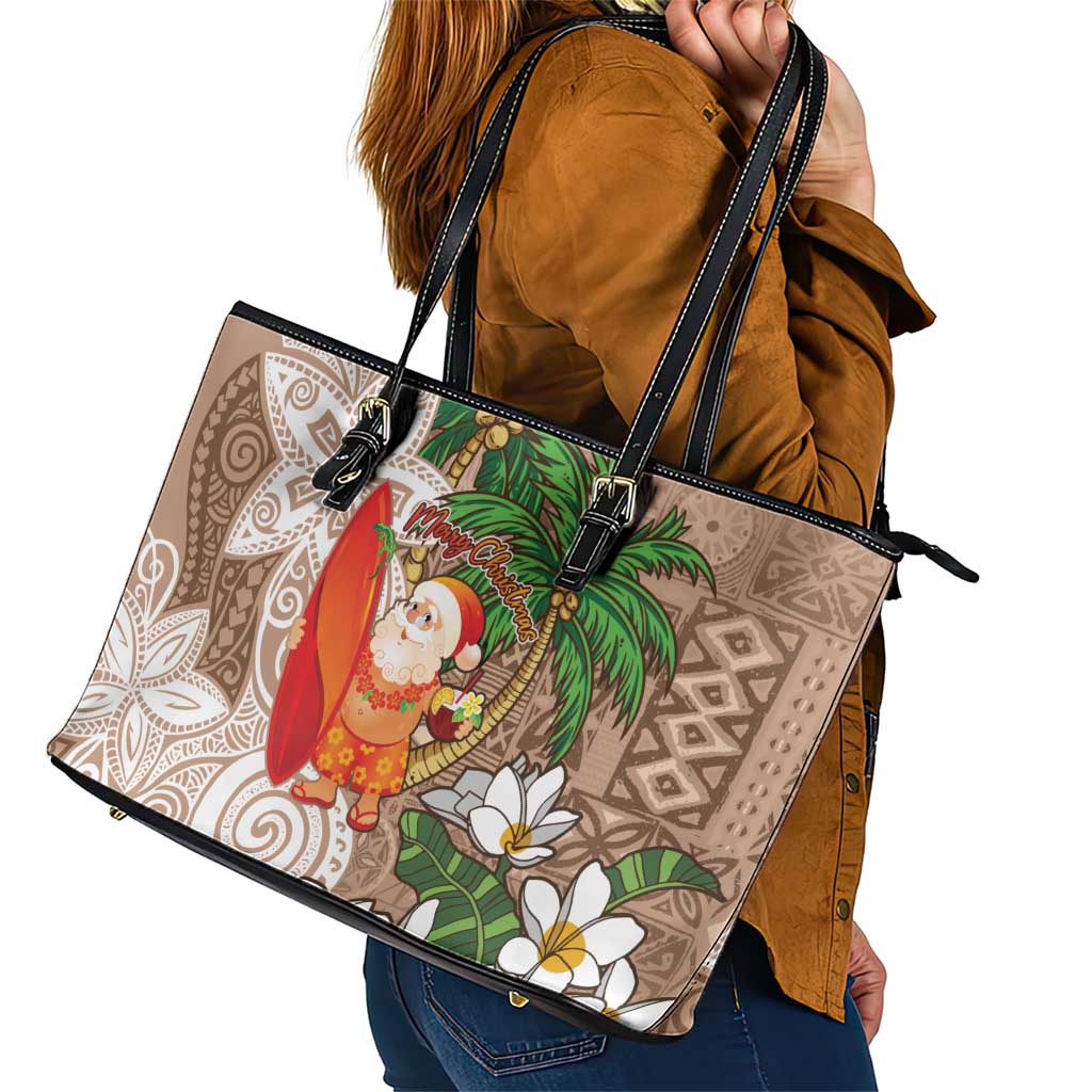 Polynesian Leather Tote Bag Tropical Santa - Plumeria Beige Vintage LT7 - Polynesian Pride