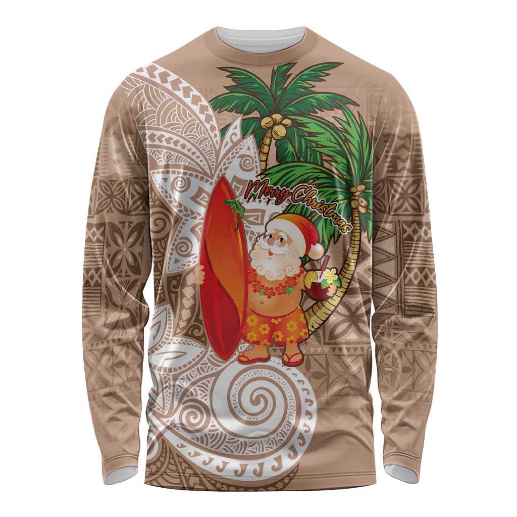 Polynesian Long Sleeve Shirt Tropical Santa - Plumeria Beige Vintage