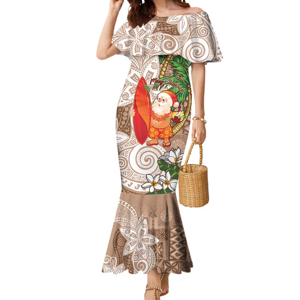 Polynesian Mermaid Dress Tropical Santa - Plumeria Beige Vintage