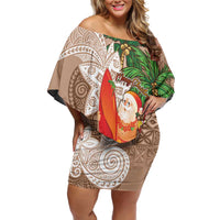 Polynesian Off Shoulder Short Dress Tropical Santa - Plumeria Beige Vintage LT7 Women Beige - Polynesian Pride