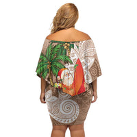 Polynesian Off Shoulder Short Dress Tropical Santa - Plumeria Beige Vintage LT7 - Polynesian Pride