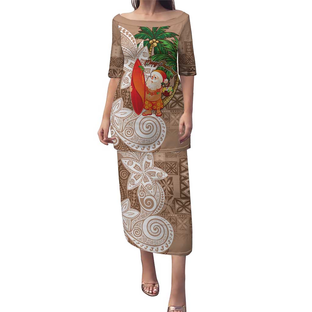 Polynesian Puletasi Tropical Santa - Plumeria Beige Vintage LT7 Long Dress Beige - Polynesian Pride