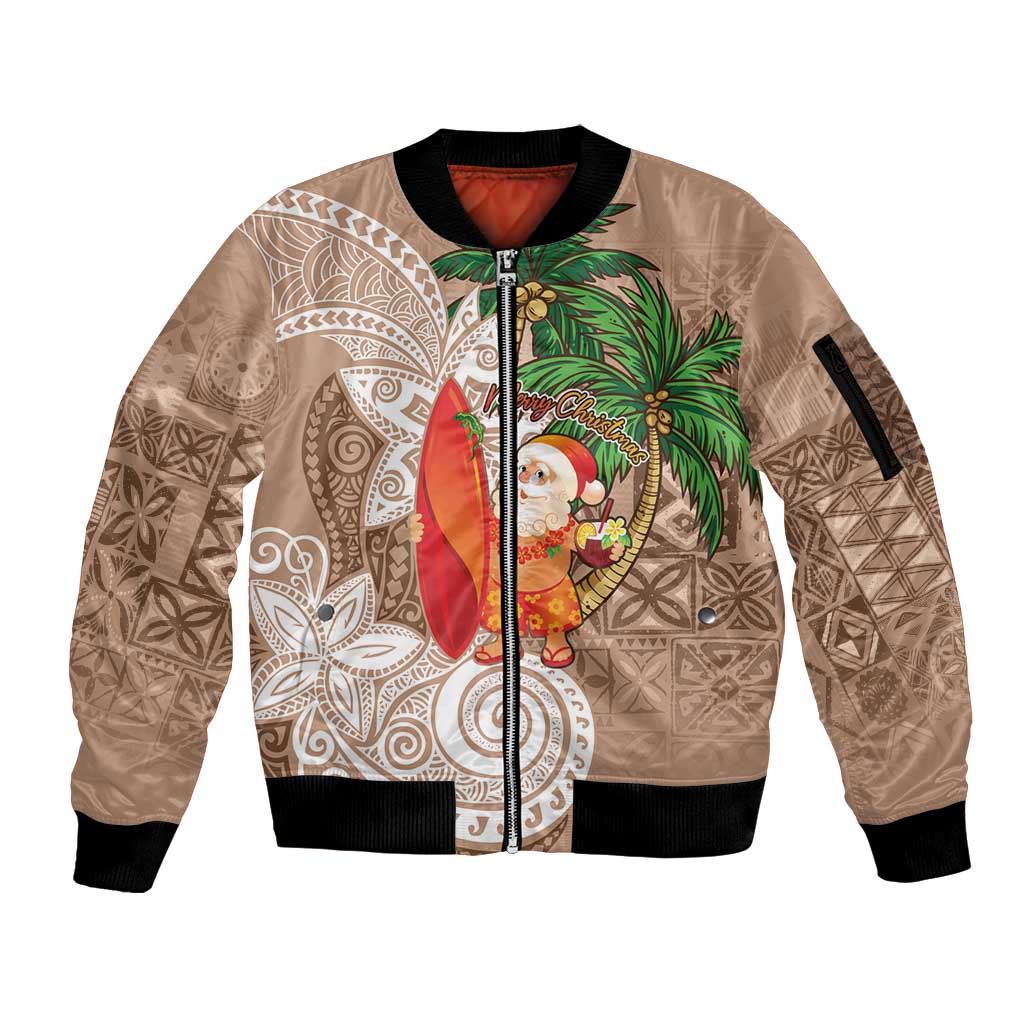 Polynesian Sleeve Zip Bomber Jacket Tropical Santa - Plumeria Beige Vintage