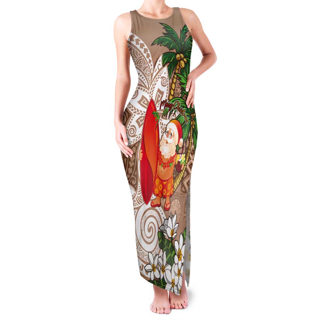 Polynesian Tank Maxi Dress Tropical Santa - Plumeria Beige Vintage LT7 Women Beige - Polynesian Pride