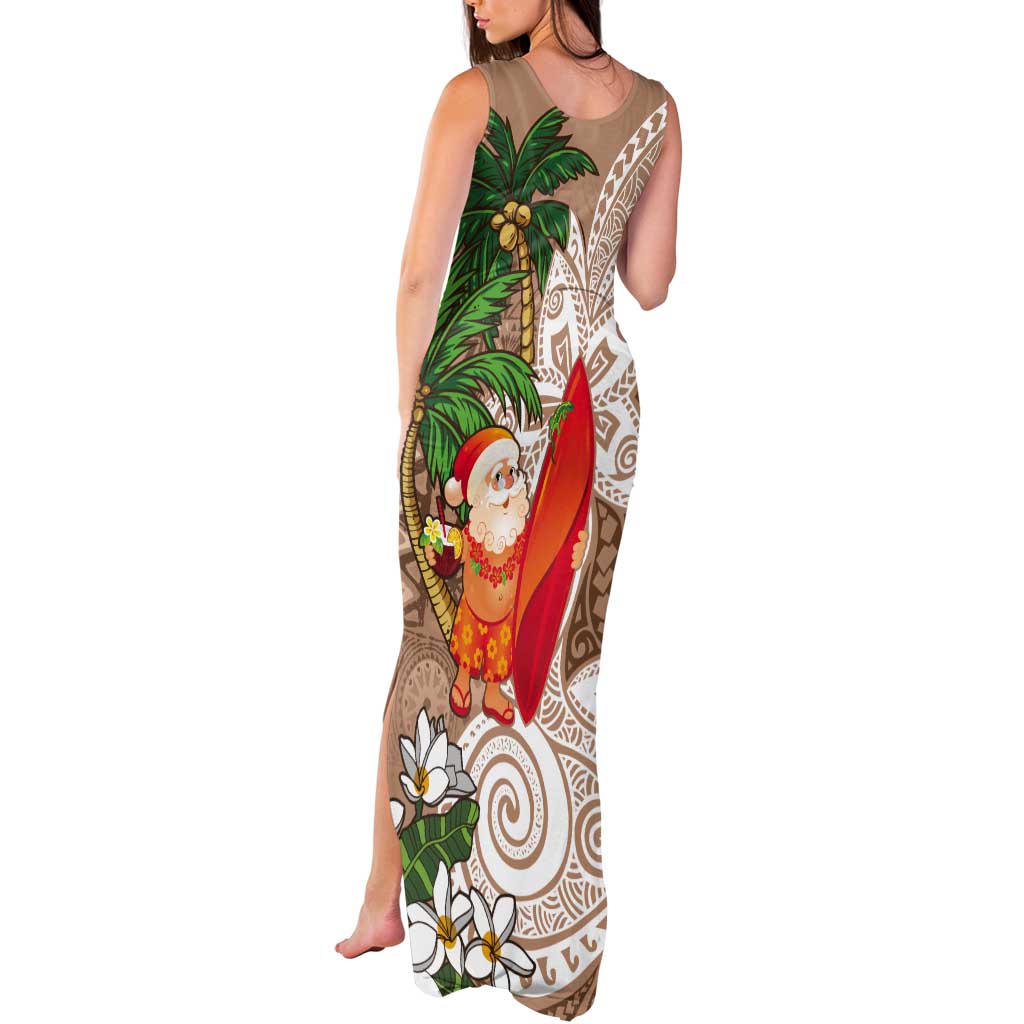 Polynesian Tank Maxi Dress Tropical Santa - Plumeria Beige Vintage LT7 - Polynesian Pride