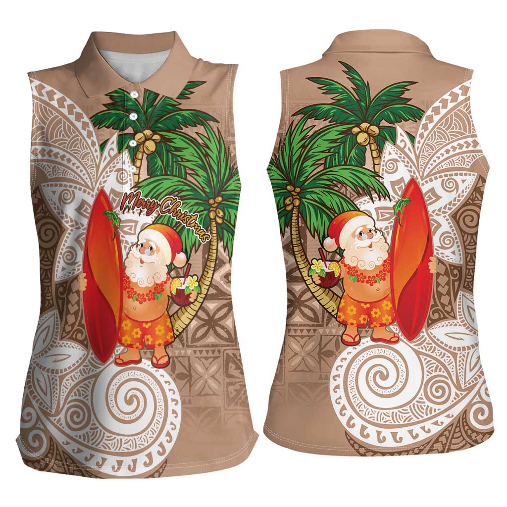 Polynesian Women Sleeveless Polo Shirt Tropical Santa - Plumeria Beige Vintage