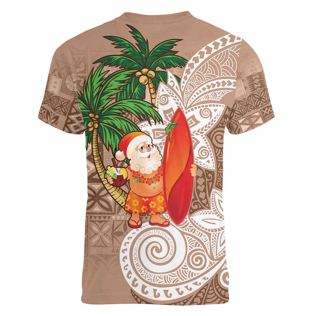 Polynesian Women V-Neck T-Shirt Tropical Santa - Plumeria Beige Vintage LT7 - Polynesian Pride
