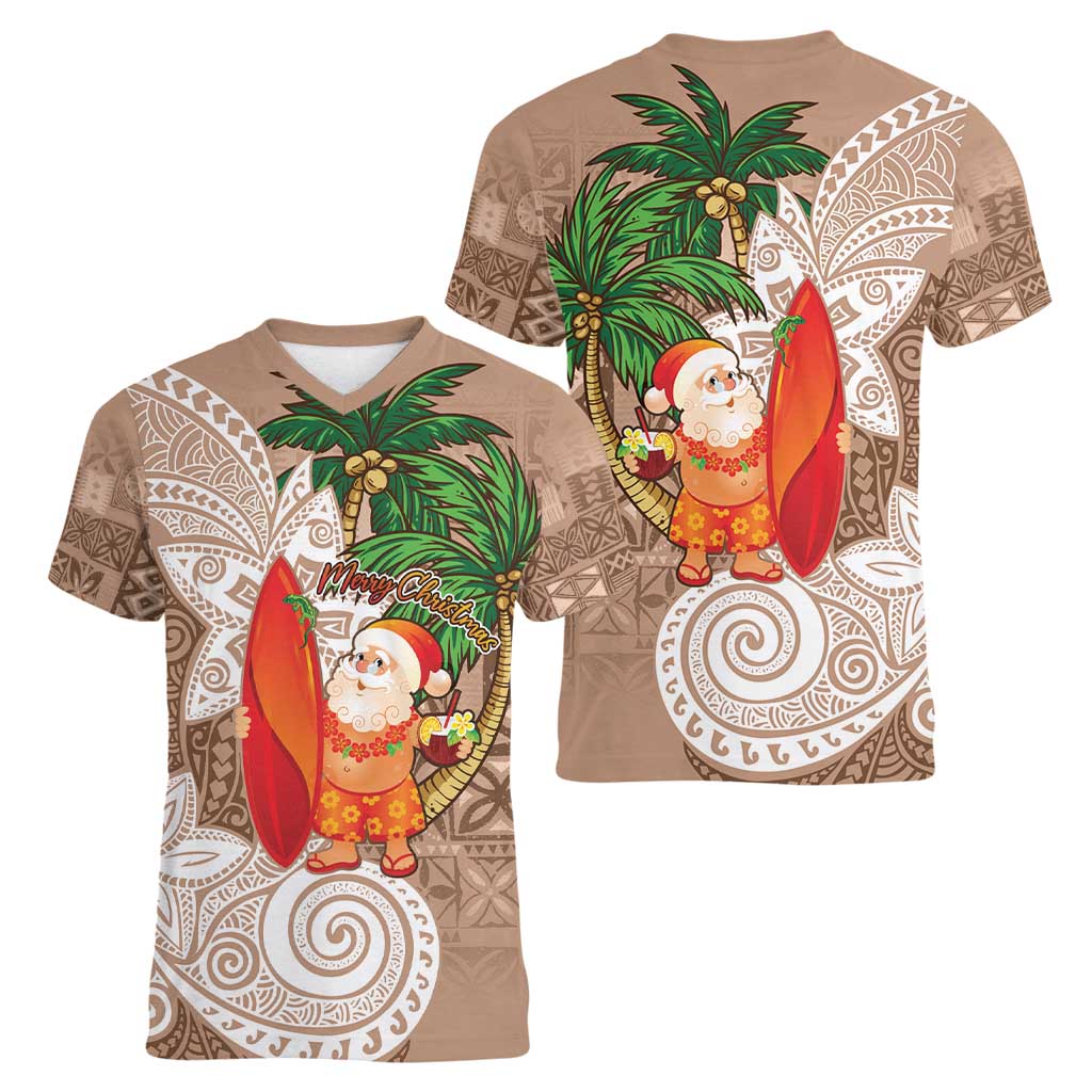 Polynesian Women V-Neck T-Shirt Tropical Santa - Plumeria Beige Vintage LT7 - Polynesian Pride