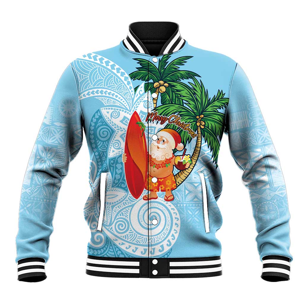 Polynesian Baseball Jacket Tropical Santa - Plumeria Turquoise Vintage LT7 Unisex Turquoise - Polynesian Pride