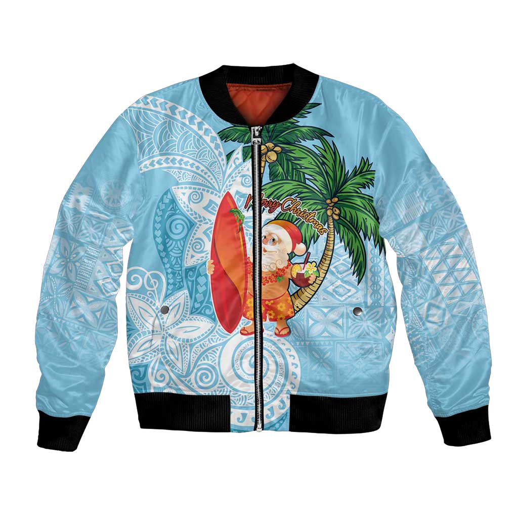 Polynesian Bomber Jacket Tropical Santa - Plumeria Turquoise Vintage