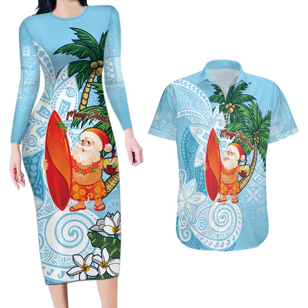 Polynesian Couples Matching Long Sleeve Bodycon Dress and Hawaiian Shirt Tropical Santa - Plumeria Turquoise Vintage