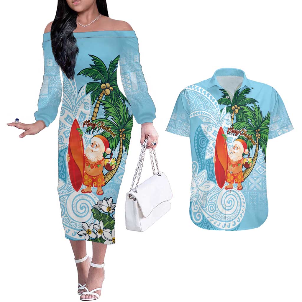 Polynesian Couples Matching Off The Shoulder Long Sleeve Dress and Hawaiian Shirt Tropical Santa - Plumeria Turquoise Vintage