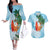 Polynesian Couples Matching Off The Shoulder Long Sleeve Dress and Hawaiian Shirt Tropical Santa - Plumeria Turquoise Vintage