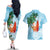 Polynesian Couples Matching Off The Shoulder Long Sleeve Dress and Hawaiian Shirt Tropical Santa - Plumeria Turquoise Vintage