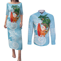 Polynesian Couples Matching Puletasi and Long Sleeve Button Shirt Tropical Santa - Plumeria Turquoise Vintage LT7 Turquoise - Polynesian Pride
