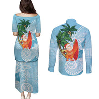 Polynesian Couples Matching Puletasi and Long Sleeve Button Shirt Tropical Santa - Plumeria Turquoise Vintage LT7 - Polynesian Pride