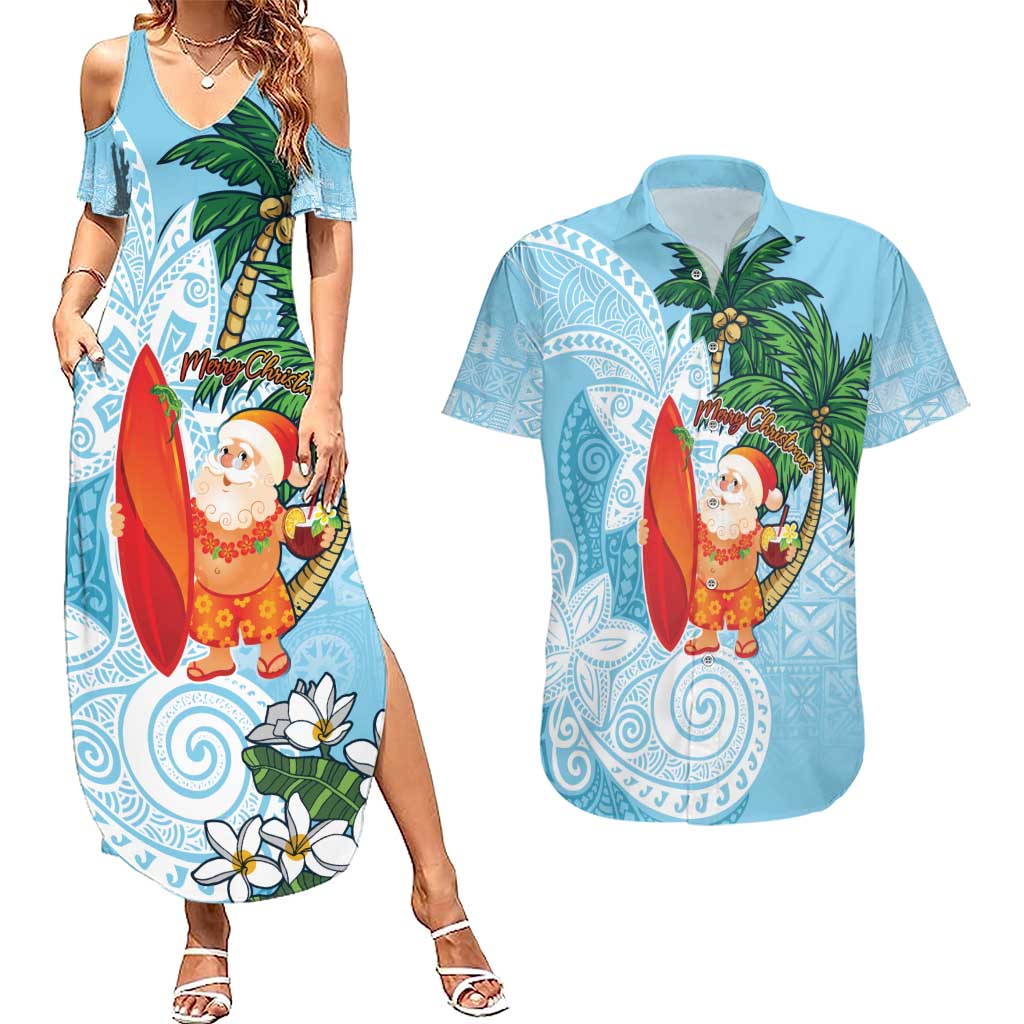 Polynesian Couples Matching Summer Maxi Dress and Hawaiian Shirt Tropical Santa - Plumeria Turquoise Vintage LT7 Turquoise - Polynesian Pride